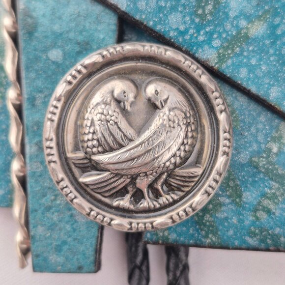 Handmade Geometric Shape Bolo Tie with Double Dove Bird Medallion - Picture 9 of 16